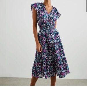 Rails Amelia Woodblock Floral Midi Dress, Womens Size XXS Tiered Lined Fairy